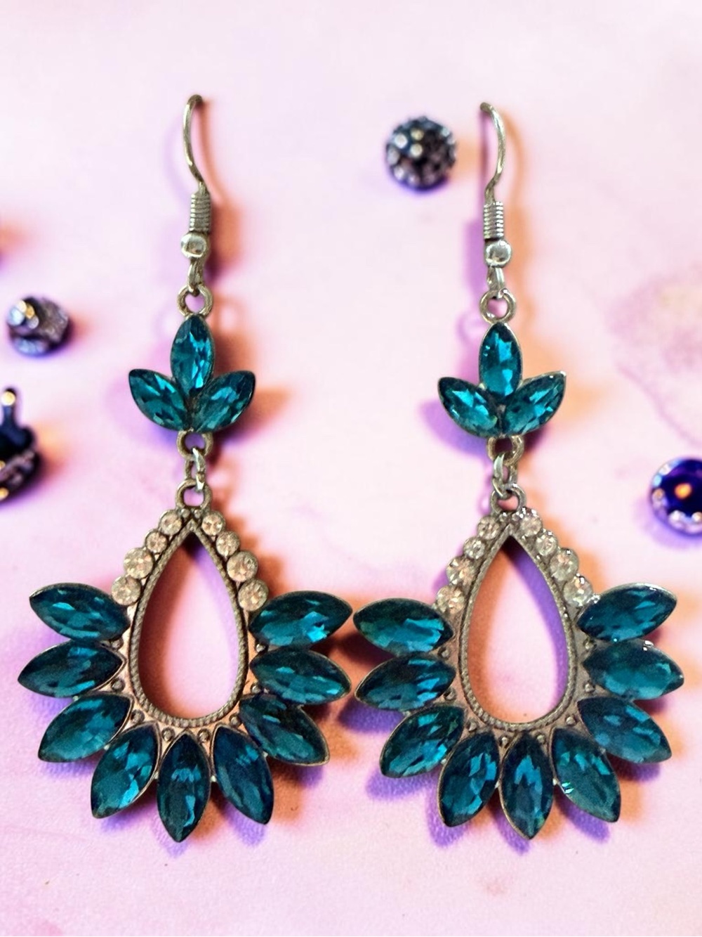 Teal Crystal Teardrop Dangle Earrings